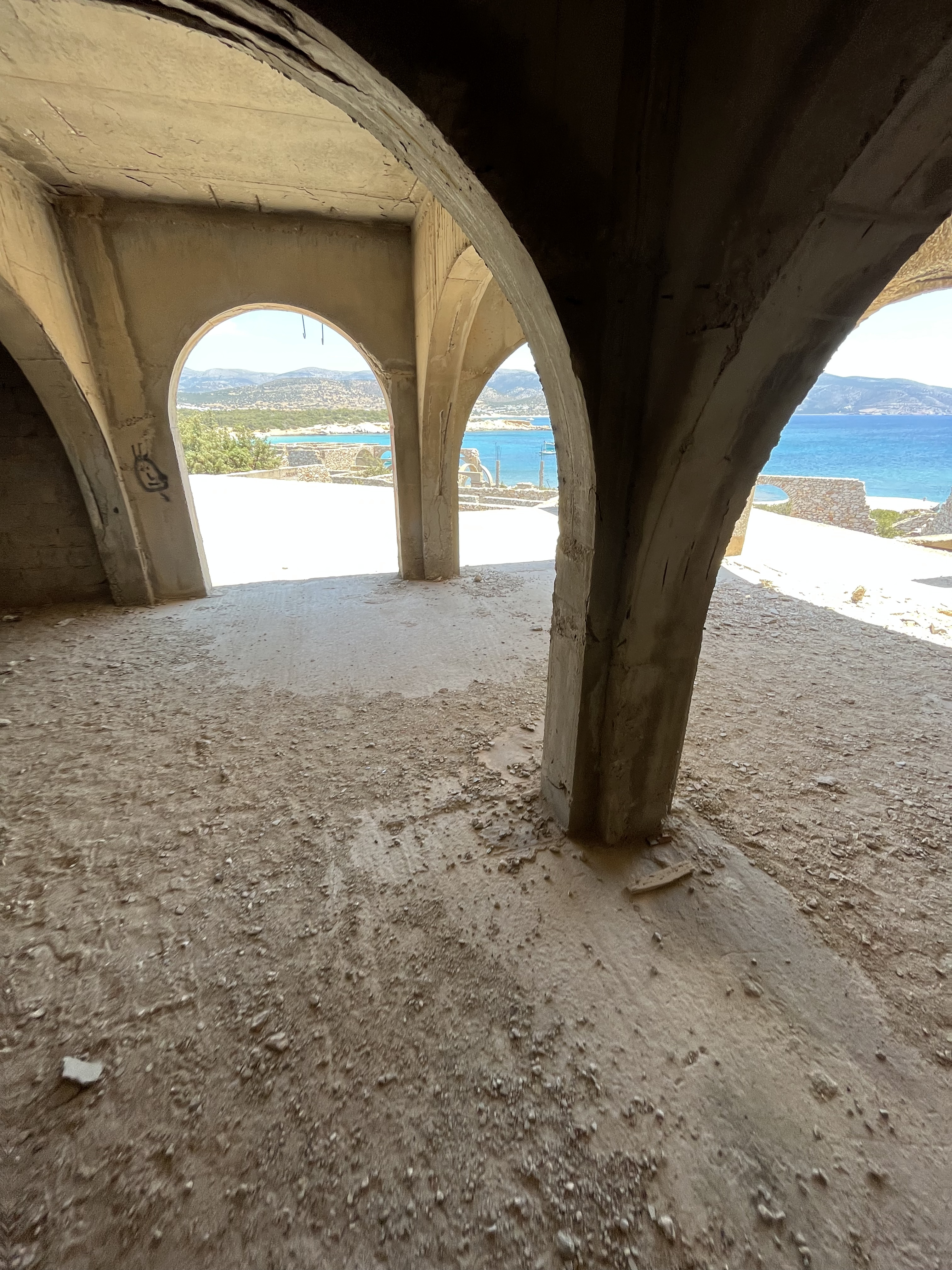 Graffiti-covered ruins of an abandoned hotel